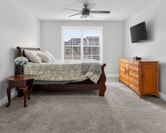 Queen Sleigh Bed, End Table, Lamp, Television
