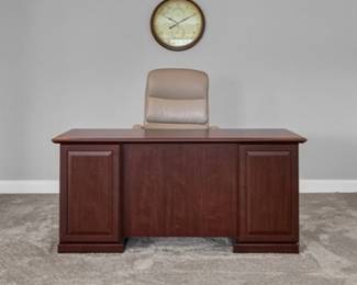 Mahogany Desk, Office Chair, Clock