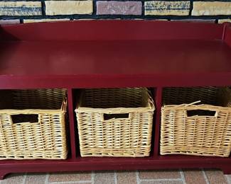 Red Storage Bench with Wicker Baskets H x L x W
