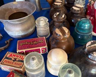 Antique & Vintage items - insulators, brass spitoon, etc.