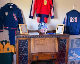 Antique desk/bookshelf, vintage track suits, Olympic memorabilia