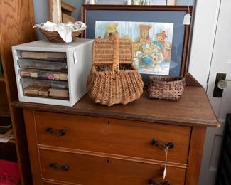 Craft supplies, dresser, baskets, mirror