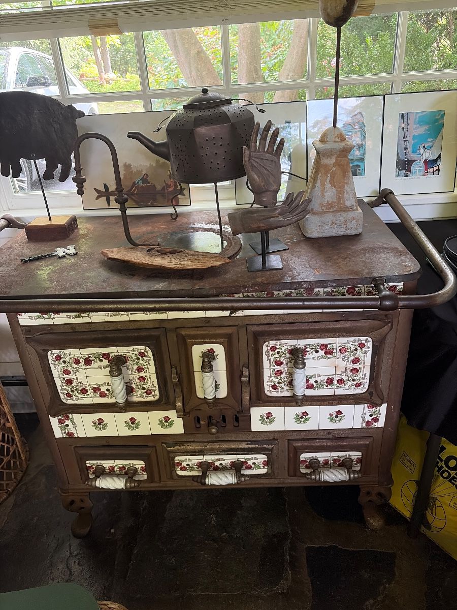 Vintage French coal burning cast stove with flower tile art nouveau
