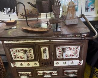 Vintage French coal burning cast stove with flower tile art nouveau 