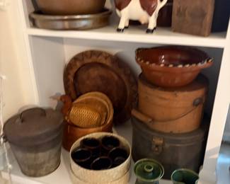 Assorted baskets Tins and pottery 