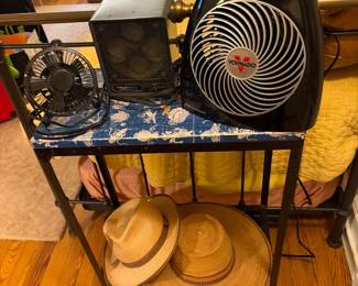 Tile and metal accent table  hats ,fans 