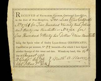 1788 receipt for Revolutionary War loan