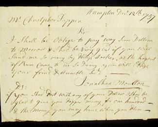 1757 letter from Moultonborough, NH founder Jonathan Moulton