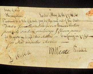 Counterfeit 1784 pay order with attestation by NH's first constitutional governor, Meshech Weare