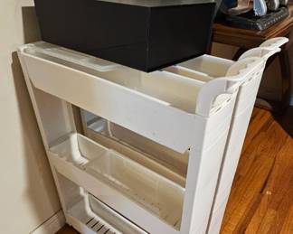 Slim, plastic multi-tier rolling utility carts. 