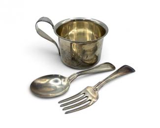 18 VintageSterlingSilverChildsCupSpoonForkSet1169g