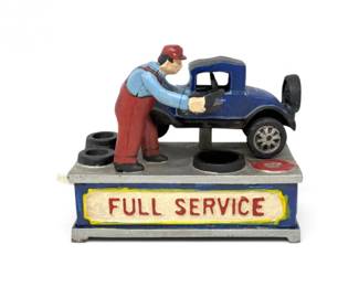 210 VintageFullServiceCastIronMechanicalCoinBankwCarMechanic