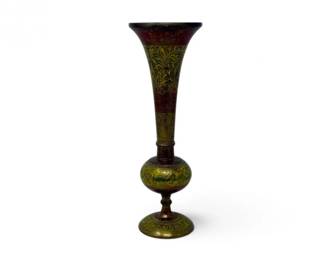 176 HeavyBrassPaintedTrumpetVasewFloralDesign