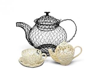 227 HandcraftedChickenWireTeapotCrochetedTeapotCupSaucer