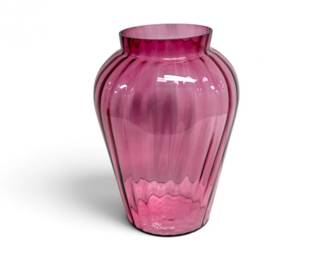 67 LargeCranberryPinkGlassVasewRibbedDesign