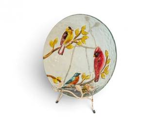 163 LargeTexturedArtGlassBirdBowlwWroughtIronBirdLeafStand