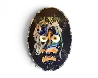 190 MixedMediaFoundObjectMaskWallArtwShellsFabricGlass