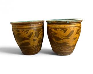 215 LargeDragonDecoratedGlazedCeramicGardenPotsMatchingPair