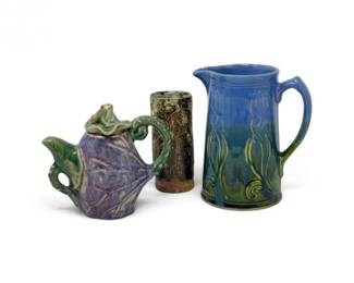 293 HandcraftedArtPotteryTeapotPitcherTexturedVase3Pc