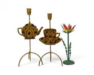 178 HandPaintedMetalTeapotTeacupFlowerCandleHolders3Pc