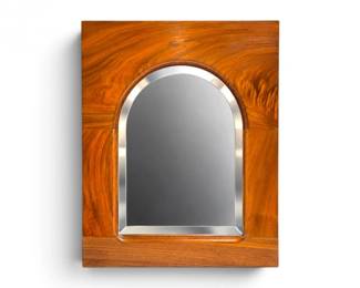 232 VintageWoodWallMirrorwArchedBeveledGlassFiguredGrain