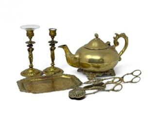 153 VintageOrnateBrassTeapotFiguralCandlesticksServingPieces