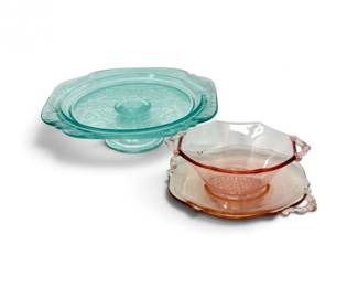 135 VintageDepressionGlassAquaCakeStandPinkServingSet