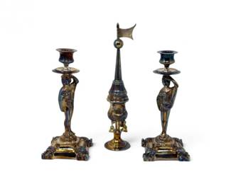 295 VintageIridescentMetalFiguralCandlesticksSpiceTower