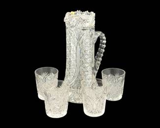 284 VintageHeavyCutCrystalPitcherMatchingTumblers5Pc