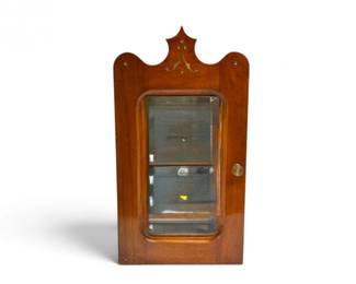 233 AntiqueWoodWallMirrorwBeveledGlassBrassInlayDetail