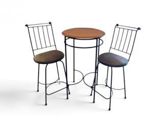 26 3PieceMetalBistroBarSetwWoodTop2UpholsteredChairs
