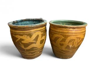 214 LargeDragonDecoratedGlazedCeramicGardenPotsMatchingPair