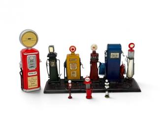 191 VintageTinMetalGasPumpDisplayCollectionwMiniaturePumps