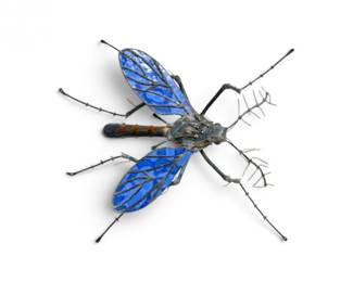 206 HandmadeMetalMosquitoYardArtSculpturewBlueSlagGlassWings