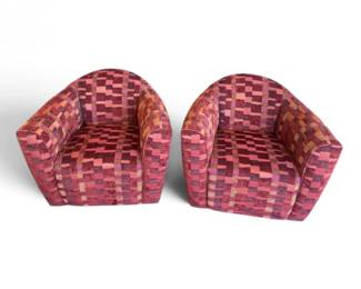 20 PairofRedPinkGeometricUpholsteredBarrelArmchairs