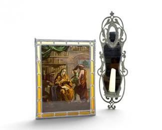 197 PaintedLeadedGlassSuncatcherBrassMirroredCandleSconce
