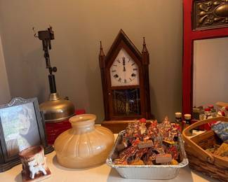 Antique steeple clock, antique toys