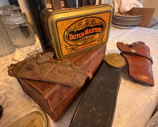 antique cigar tin army belt, leather holstwer