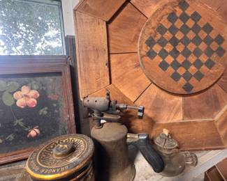 tins, magazine wall rack , primitive cchecker board