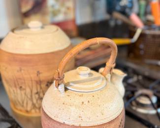 contempoarary pottery teakettle and cookie jar