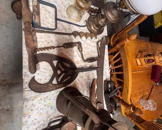 A.J Ellis cast iron barn beam hook, tools lanterns