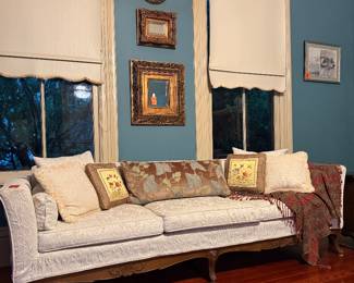 #4. $350 Cream sofa walnut frame