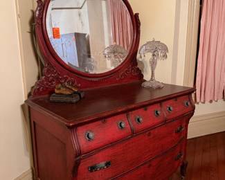 #56. $395 Antique dresser and mirror Bordeaux finish wash