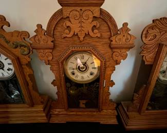 Collection of antique carved oak gingerbread mantel clocks