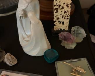 Porcelain figurine, carved decor, trinket boxes and vintage jewelry