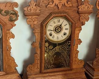Antique carved oak gingerbread kitchen mantel clocks
