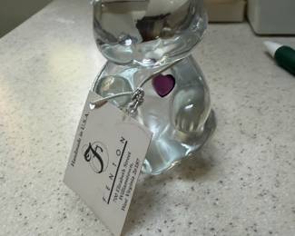 Fenton clear glass birthstone bear with purple heart and original tag
