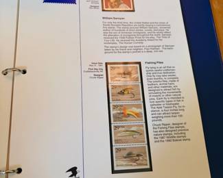 U.S. stamp collection album page with Fishing Flies booklet stamps