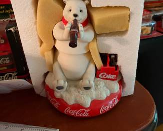Coca-Cola polar bear figurine with bottle and Coke carton