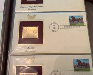 Gold replica stamp first day covers, 1980s Olympics and horse issues, in album